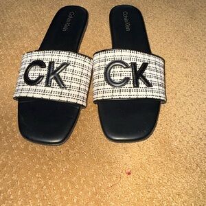 Calvin Klein Black and White CK Logo Slide Sandals